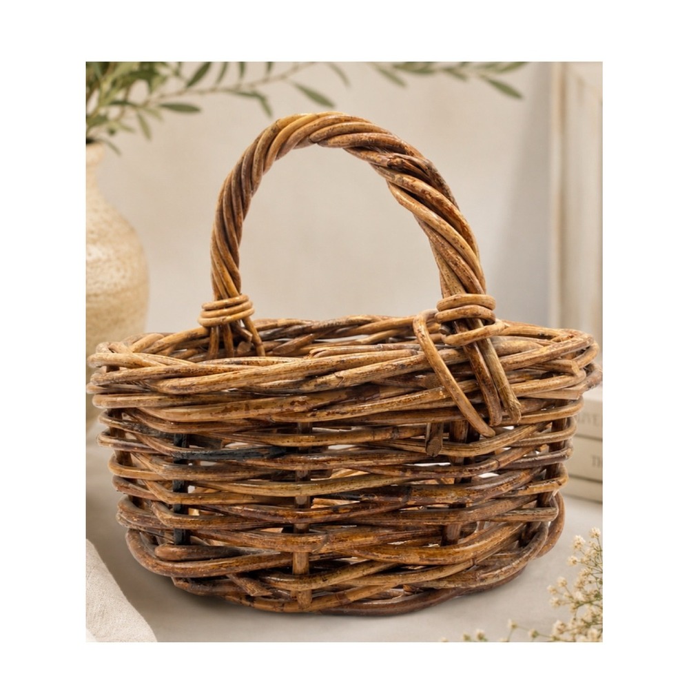 Vintage Handwoven Wicker Gathering Basket Twisted Handle Farmhouse Cottagecore